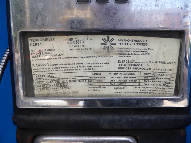 Prime Telecoin Services. Payphone Placard.