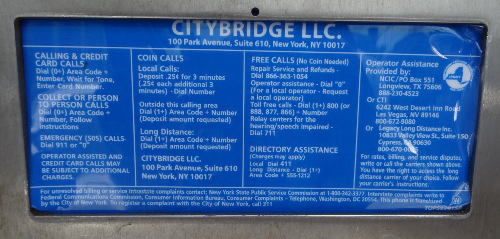 Citybridge LLC Payphone Placard